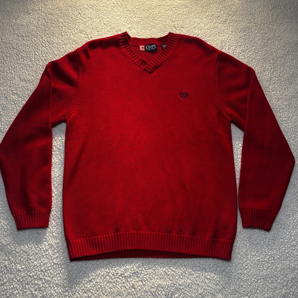 Vintage Chaps Ralph Lauren Red Cotton V-Neck Sweater “Made in Hong Kong” M